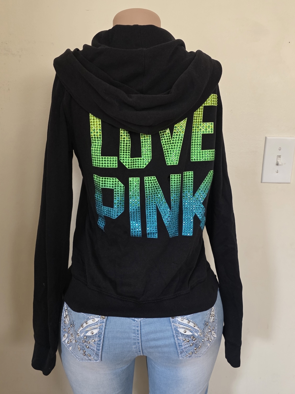 PINK Victoria's Secret Black Hoodie with Green-to-Blue Ombre 'LOVE PINK'